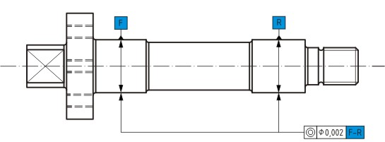 Shaft with bearing surfaces identified as datum features F and R and coaxiality tolerance