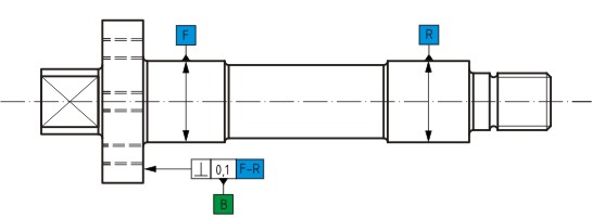 Shaft with backside of the hub identified as datum feature B and perpendicularity tolerance